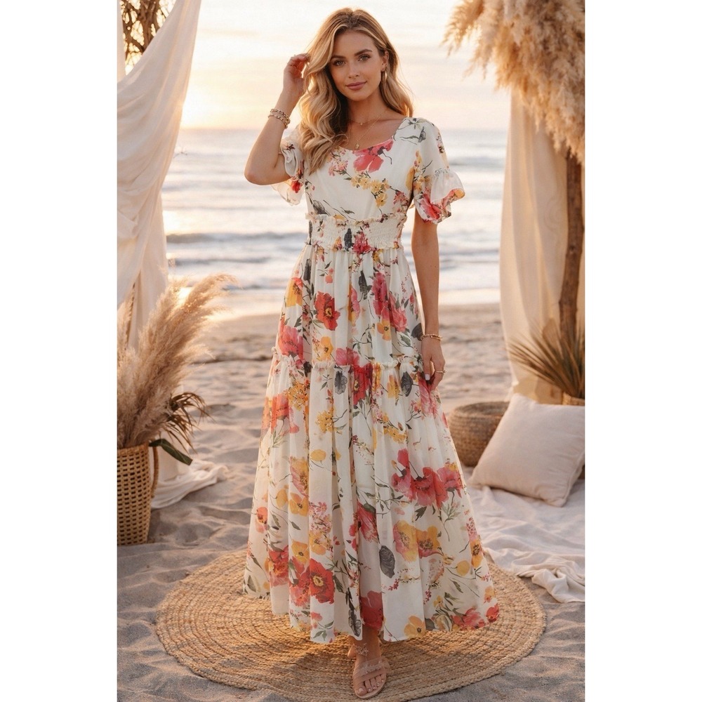 Jessakae Dress Women Small Floral Ruffle Smocked Tiered Maxi Cottagecore Garden